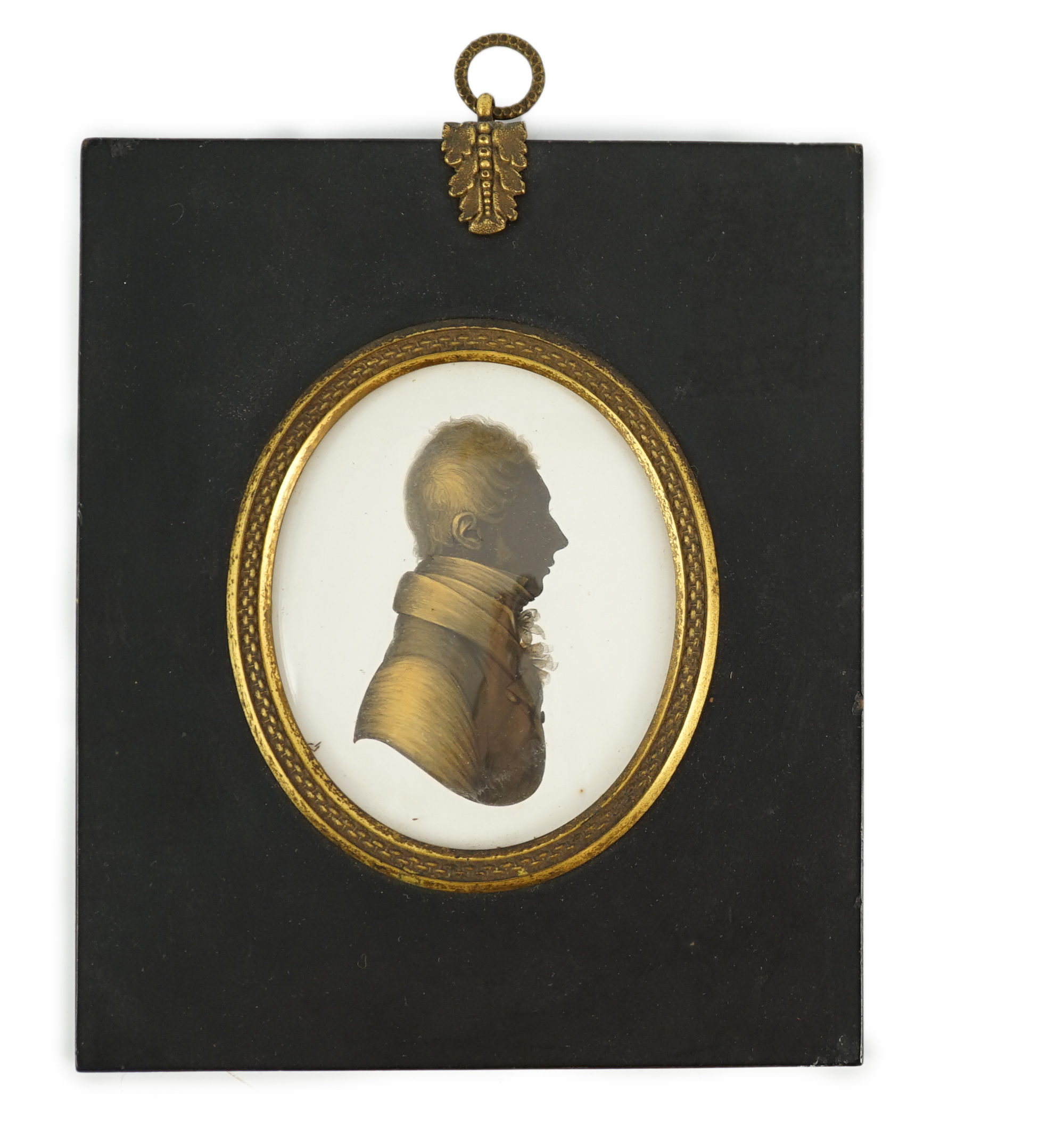 John Miers (1756-1821) , Silhouette of a gentleman, painted and bronzed plaster, 8 x 6.5cm.